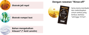 Ekstrak jeli royal Ekstrak rumpai laut Bahan mengekalkan kilauan* (* Asid Lanolin) Dengan rawatan "Rinse-off" Serta-merta membaiki dan melembapkan untuk rambut yang lembut, berkilau "sehingga 10 hari".