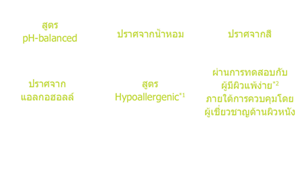 ปราศจากน้ำหอม,ปราศจากสี,ปราศจาก แอลกอฮอล์,สูตร pH-balanced,สูตร Hypo allergenic*1,ผ่านการทดสอบกับ ผู้มีผิวแพ้ง่าย*2ภายใต้การ ควบคุมโดย ผู้เชี่ยวชาญด้านผิวหนัง