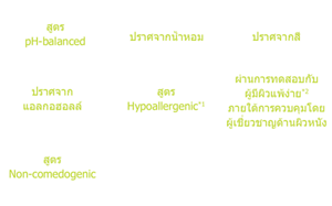 ปราศจากน้ำหอม,ปราศจากสี,ปราศจาก แอลกอฮอล์,สูตร pH-balanced,สูตร Hypo allergenic*1,ผ่านการทดสอบกับ ผู้มีผิวแพ้ง่าย*2ภายใต้การ ควบคุมโดย ผู้เชี่ยวชาญด้านผิวหนัง,ผ่านการทดสอบกับ ผู้มีผิวแพ้ง่าย*2ภายใต้การ ควบคุมโดย ผู้เชี่ยวชาญด้านผิวหนัง