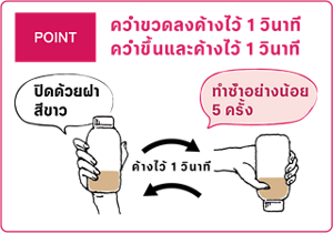 POINT คว่ำขวดลงค้างไว้ 1 วินาที คว่ำขึ้นและค้างไว้ 1 วินาที ปิดด้วยฝาสีขาว ค้างไว้ 1 วินาที ทำซ้ำอย่างน้อย 5 ครั้ง