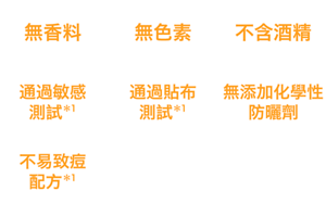 無香料、無色素、不含酒精、通過敏感測試*1、通過貼布測試*1、無添加化學性防曬劑、不易致痘配方*1