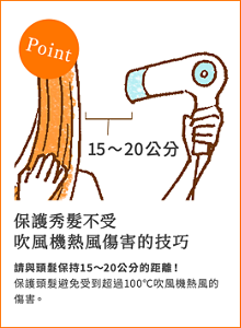 保護秀髮不受 吹風機熱風傷害的技巧 請與頭髮保持15~20公分的距離! 保護頭髮避免受到超過100℃吹風機熱風的傷害。