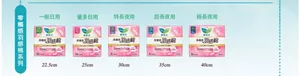 零觸感羽感棉系列:一般日用22.5cm,量多日用25cm,特長夜用30cm,超長夜用35cm,極長夜用40cm