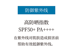 防御紫外线 高防晒指数 SPF50+ PA++++ 在紫外线对肌肤造成损害前 帮助有效抵御紫外线。