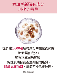 添加嶄新獨有成分 川楝子精華 從多達1,600種植物成分中嚴選而來的嶄新獨有成分, 從根本鞏固角質層, 促進肌膚自我產生細胞間脂質, 肌膚充滿滋潤,調節平滑肌膚紋理。