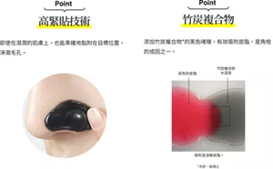 Point 高緊貼技術 即使在濕潤的肌膚上,也能準確地黏附在目標位置,淨澈毛孔。 Point 竹炭複合物 添加竹炭複合物*的黑色啫喱,有效吸附皮脂,是角栓的成因之一。
