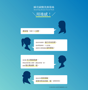 瞬亮碳酸洗顏慕絲Renewing Mousse Facial Wash\用後感!/ 潔面後,肌膚十分水潤。 泡沫容易推開,適合用來按摩。泡沫豐盈綿密,十分舒適,無需用力摩擦就能溫和潔面。 泡沫能充分緊貼肌膚,將泡沫置於臉上推開,讓泡沫停留一會,感覺像在敷面膜一樣。 泡沫非常綿密細膩,就像用奶油洗臉一樣,感覺很舒適。※日本SOFINA 2020年5月調查結果 (n=69)