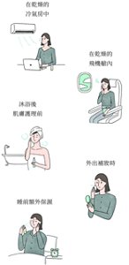 在乾燥的 冷氣房中 在乾燥的 飛機艙內 沐浴後 肌膚護理前 外出補妝時 睡前額外保濕