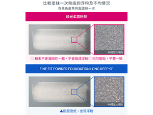比較塗抹一次粉底的浮粉及不均情況 在黑色皮革背面塗抹一次