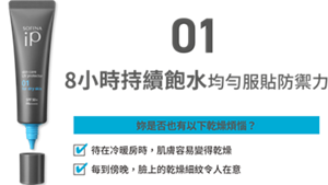 01 8小時持續飽水均勻服貼防禦力 妳是否也有以下乾燥煩惱?  待在冷暖房時,肌膚容易變得乾燥 每到傍晚,臉上的乾燥細紋令人在意