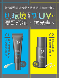 SOFINA iP 輕瑩高效美容防曬乳,對抗老化暗黑。 <01長效8小時飽水高防禦> 避免因乾燥而起的脫皮、暗沉,進而提升全日隔絕強烈紫外線傷害的效果。<02 全日耐皮脂高防禦>,固定皮脂,避免皮脂擴散而破壞防曬效果,進而提升全日隔絕強烈紫外線傷害的效果。