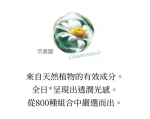 來自天然植物的有效成分。 全日*呈現出透潤光感。 從800種組合中嚴選而出。