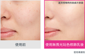 使用前 使用無畏光玩色修飾乳後 直到傍晚時的妝感示意圖 使用裸膚粉