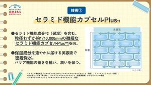 技術① セラミド機能カプセルPlus*1 ●セラミド機能成分*2(保湿)を含む、粒径わずか約1/10,000mmの微細なセラミド機能カプセルPlus*1をIN。 ●保湿成分を速やかに届ける美容液で密着保水。バリア機能の働きを補い、潤いを保つ。美容液が角層に浸透していくイメージ図。 *1 セラミド機能成分(ヘキサデシロキシPGヒドロキシエチルヘキサデカナミド:保湿)、フィトスフィンゴシン(保湿)、POE水添ヒマシ油(乳化剤)、ジステアリルジモニウムクロリド(粘度調整剤)からなるベシクル構造 *2 ヘキサデシロキシPGヒドロキシエチルヘキサデカナミド:保湿