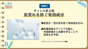 技術② キュレル史上初 肌荒れを防ぐ有効成分 ●肌荒れ・荒れ性を防ぐ有効成分をIN。 ●角層深部までバリアを整え、外部刺激から皮膚を守ることで肌荒れを予防。成分の分子イメージ図。 * ガンマ-アミノ-ベータ-ヒドロキシ酪酸