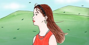 風が吹く緑の丘に立つ、赤い服を着た女性