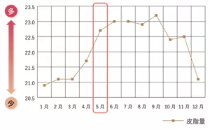 皮脂量の変化(肌測定器の表示値)のグラフ