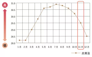 皮膚温の変化(肌測定器の表示値)のグラフ