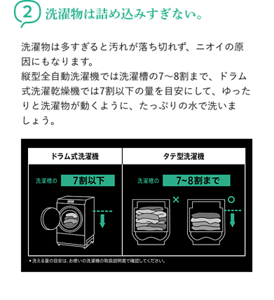 2洗濯物は詰め込みすぎない。 洗濯物は多すぎると汚れが落ち切れず、ニオイの原因にもなります。 縦型全自動洗濯機では洗濯槽の7〜8割まで、ドラム式洗濯乾燥機では7割以下の量を目安にして、ゆったりと洗濯物が動くように、たっぷりの水で洗いましょう。ドラム式洗濯機 洗濯槽の7割以下 タテ型洗濯機 洗濯槽の7~8割まで *洗える量の目安は、お使いの洗濯機の取扱説明書で確認してください。