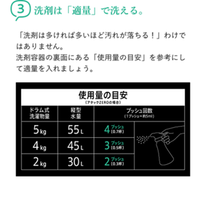 3洗剤は「適量」で洗える。 「洗剤は多ければ多いほど汚れが落ちる!」わけではありません。 洗剤容器の裏面にある「使用量の目安」を参考にして適量を入れましょう。 使用量の目安(アタックZEROの場合)【ドラム式洗濯物量5kg 縦型水量55L プッシュ回数(1プッシュ=約5ml)4プッシュ(0.7杯)】【ドラム式洗濯物量4kg 縦型水量45L プッシュ回数(1プッシュ=約5ml)3プッシュ(0.5杯)】【ドラム式洗濯物量2kg 縦型水量30L プッシュ回数(1プッシュ=約5ml)2プッシュ(0.3杯)】