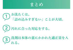 まとめ 1お洗たくは、「詰め込みすぎない」ことが大切。2汚れに合った対応をする。3洗剤は本体の裏にかかれた適正量を入れる。