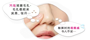 污垢堵塞毛孔, 毛孔看起来 发黑、张开… 触摸时的粗糙感 令人不安…