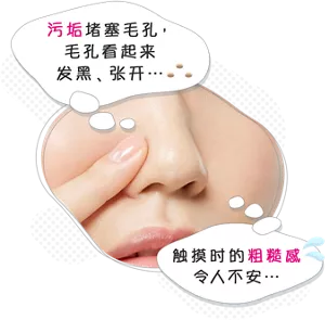 污垢堵塞毛孔, 毛孔看起来 发黑、张开… 触摸时的粗糙感 令人不安…