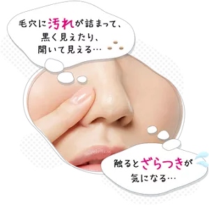 毛穴に汚れが詰まって、黒く見えたり、開いて見える…。触るとざらつきが気になる…