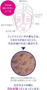フェイスラインや小鼻などは、てのひらがあたりにくく、汚れが残りやすい部分です。毛穴やキメの間に汚れが残ってしまっています。
