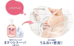 これからは、泡ボディウォッシュでまさつレスーッ!に洗ったら、ボディ乳液でうるおい密封!