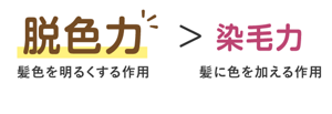 脱色力(髪色を明るくする作用)>染毛力(髪に色を加える作用)