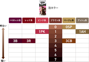 泡カラー カラーバリエーション(全14色) バイオレット系:3B レッド系:3R ピンク系:1PK ブラウン系:0 1 2 3 4 5 6 7 ベージュ系:0SP 3CB アッシュ系:1AH ※小さい数字ほど明るい色になります