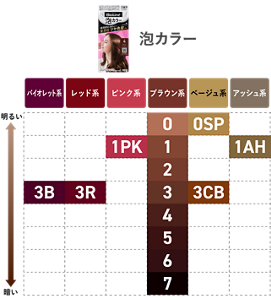 泡カラー カラーバリエーション(全14色) バイオレット系:3B レッド系:3R ピンク系:1PK ブラウン系:0 1 2 3 4 5 6 7 ベージュ系:0SP 3CB アッシュ系:1AH ※小さい数字ほど明るい色になります