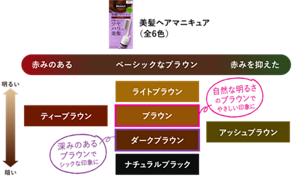 美髪ヘアマニキュア カラーバリエーション(全6色) 赤みのあるブラウン:ティーブラウン ベーシックなブラウン:ライトブラウン ブラウン(自然な明るさのブラウンでやさしい印象に) ダークブラウン(深みのあるブラウンでシックな印象に) ナチュラルブラック 赤みを抑えたブラウン:アッシュブラウン
