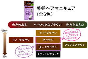 美髪ヘアマニキュア カラーバリエーション(全6色) 赤みのあるブラウン:ティーブラウン ベーシックなブラウン:ライトブラウン ブラウン(自然な明るさのブラウンでやさしい印象に) ダークブラウン(深みのあるブラウンでシックな印象に) ナチュラルブラック 赤みを抑えたブラウン:アッシュブラウン