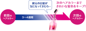 前回のヘアカラーから3〜4週間経って根元の白髪が気になってきたら… 次のヘアカラーまできれいな髪色をキープ! 次回のヘアカラー