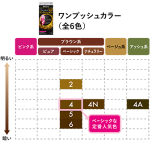 ワンプッシュカラー カラーバリエーション(全6色) ベーシックブラウン系:2 4(ベーシックな定番人気色) 5 6 ナチュラリーブラウン系: 4N アッシュ系:4A ※小さい数字ほど明るい色になります
