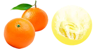 みかんのイメージ画像。湯の色ジューシーイエロー(色つき透明)を表す錠剤のイメージ画像