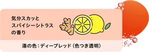 「気分スカッと スパイシーシトラスの香り」レモンとジンジャーのイラスト画像。湯の色:ディープレッド(色つき透明)