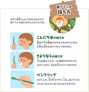 歯ブラシの持ち方:「こんにちはの持ち方」前歯や下の奥歯のみぞなどをみがくときは、毛先を自分のほうへむけて持ちます。/「さようならの持ち方」上の前歯のうらや、上の奥歯のみぞなどをみがくときは、毛先を外にむけて持ちます。/「ペングリップ」みがくとき、力が入りやすい人は、歯ブラシをえんぴつのように持つのもおすすめです。/みがく部分によって持ち方をかえて、歯ブラシを歯にきちんとあてようね。