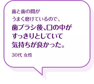 歯と歯の間がうまく磨けているので、歯ブラシ後、口の中がすっきりとしていて気持ちが良かった。30代 女性