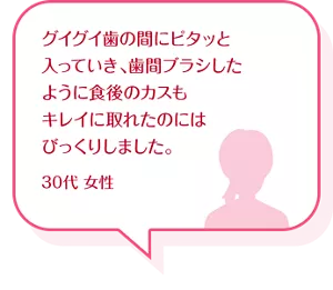 グイグイ歯の間にピタッと入っていき、歯間ブラシしたように食後のカスもキレイに取れたのにはびっくりしました。30代 女性