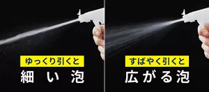ゆっくり引くと細い泡、すばやく引くと広がる泡