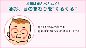 お顔はまんべんなく! ほお、目のまわりを“くるくる” 鼻の下やあごなども 忘れずにぬってあげましょう!