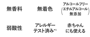 無香料・無着色・アルコールフリー(エチルアルコール無添加)・弱酸性・アレルギーテスト済み*1・赤ちゃんにも使える
