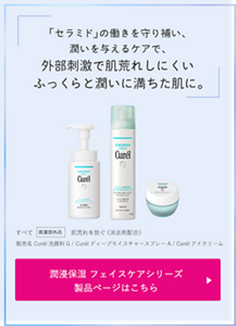 「セラミド」の働きを守り補い、潤いを与えるケアで、 外部刺激で肌荒れしにくい ふっくらと潤いに満ちた肌に。 すべて 医薬部外品 肌荒れを防ぐ(消炎剤配合) 販売名 Curél洗顔料G / CurélディープモイスチャースプレーA / Curélアイクリーム 潤浸保湿 フェイスケアシリーズ 製品ページはこちら (外部サイトへ遷移します)
