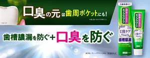 口臭の元は歯周ポケット(*)にも! 歯槽膿漏を防ぐ+口臭を防ぐ。(*歯と歯ぐきのすき間のこと)