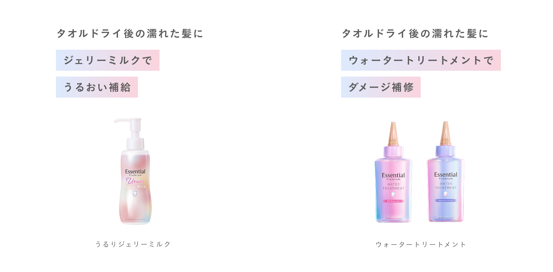 タオルドライ後の濡れた髪にジェリーミルクでうるおい補給 or タオルドライ後の濡れた髪にウォータートリートメントでダメージ補修