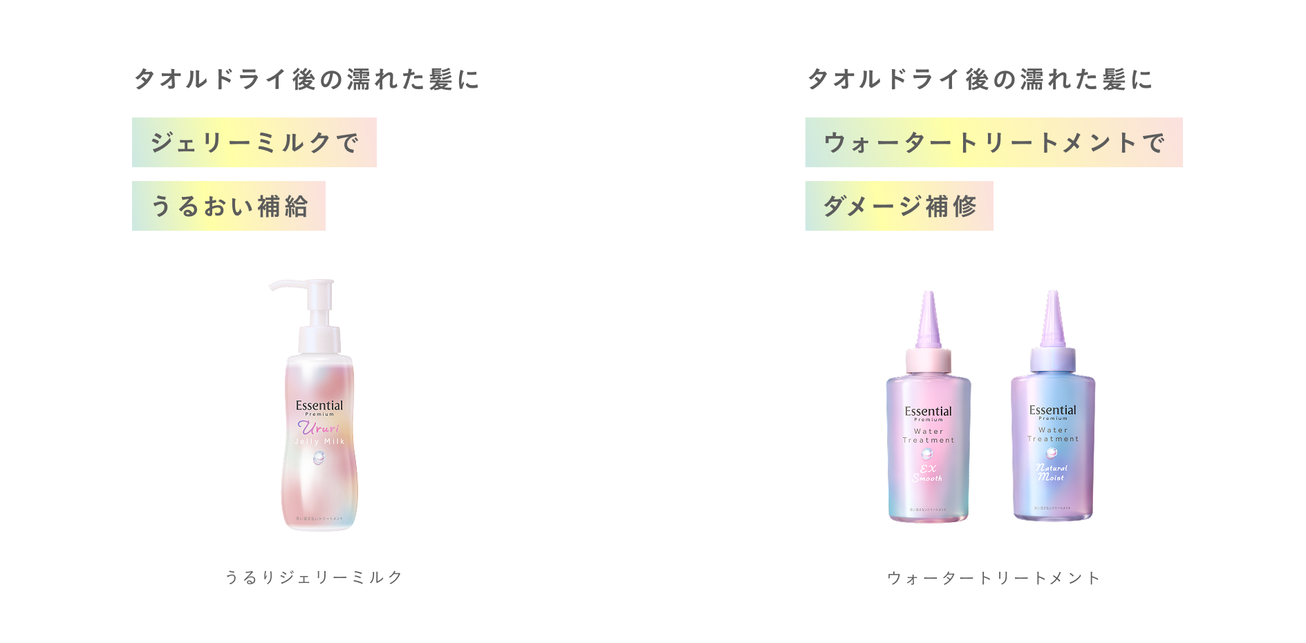 タオルドライ後の濡れた髪にジェリーミルクでうるおい補給 or タオルドライ後の濡れた髪にウォータートリートメントでダメージ補修