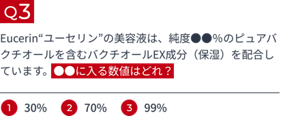 Q3 Eucerin“ユーセリン”の美容液は、純度●●%のピュアバクチオールを含むバクチオールEX成分(保湿)を配合しています。●●に入る数値はどれ? 1.30% 2.70% 3.99%